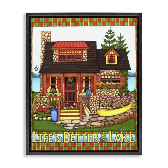 Stupell Industries Farmhouse Patterned Better At Lake Black Floating Frame Canvas Art, 17 x 21, by Mardell Schuster