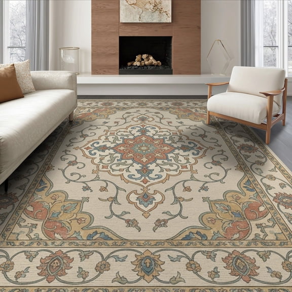 ODIKA 8'x10' Washable Area Rug Durable, Non-Slip Oushak Border Cream Farmhouse Bohemian Medium Boho Large Vintage Playful for Living Room, Under Sectional, Family