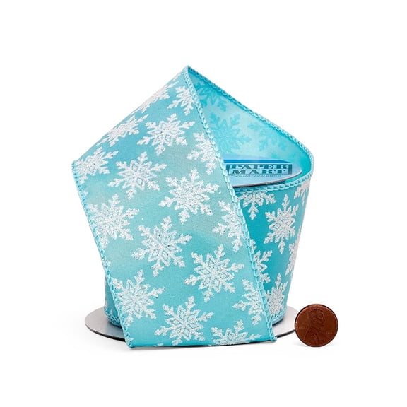 2.5" Wide White Flocked Glitter Snowflakes on Blue Satin Wired Ribbon - 10 Yards (56113901)