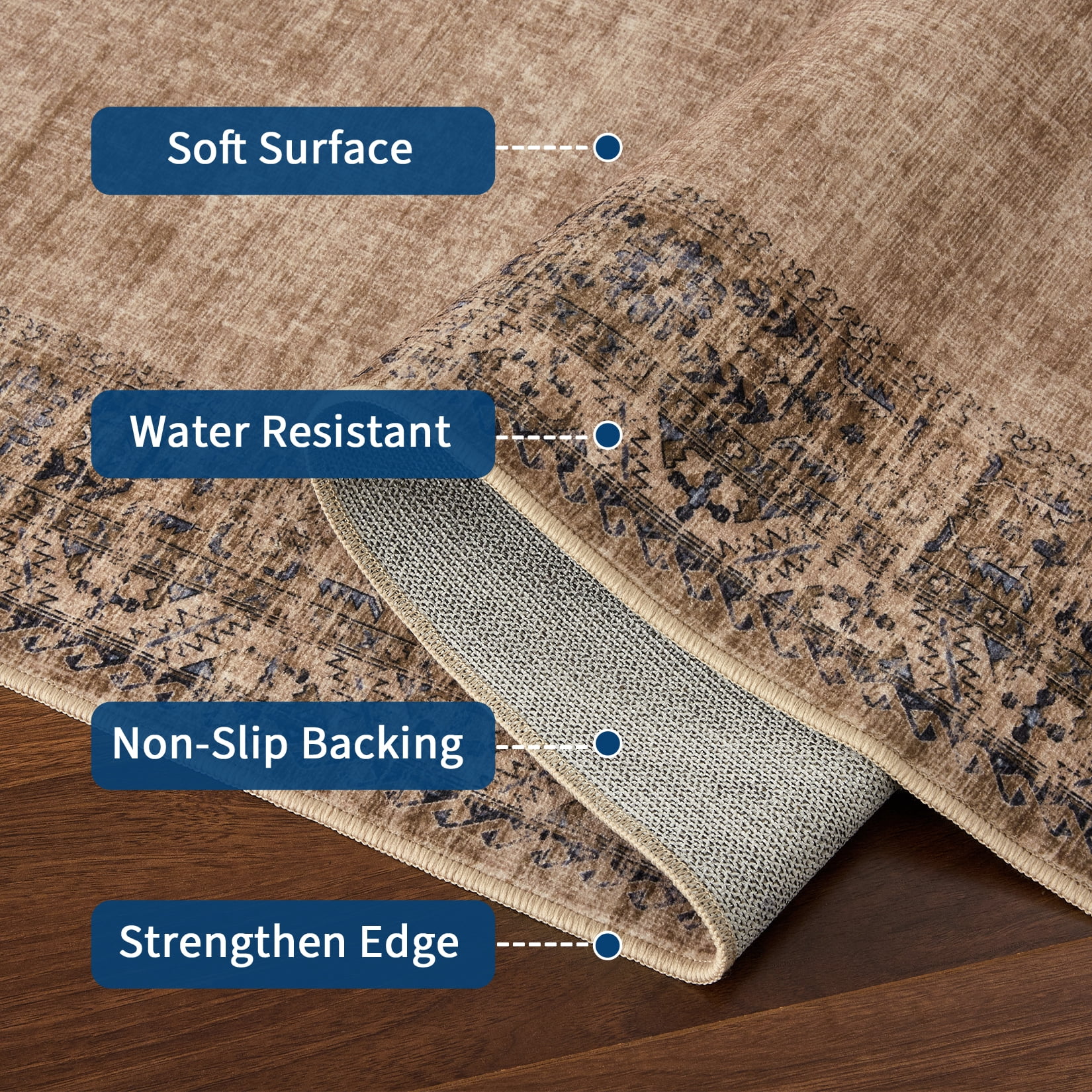 Hasoo Living Room Area Rug 5' x 7' Border Rug for Bedroom Stain-Resistant Washable Indoor Carpet, Brown