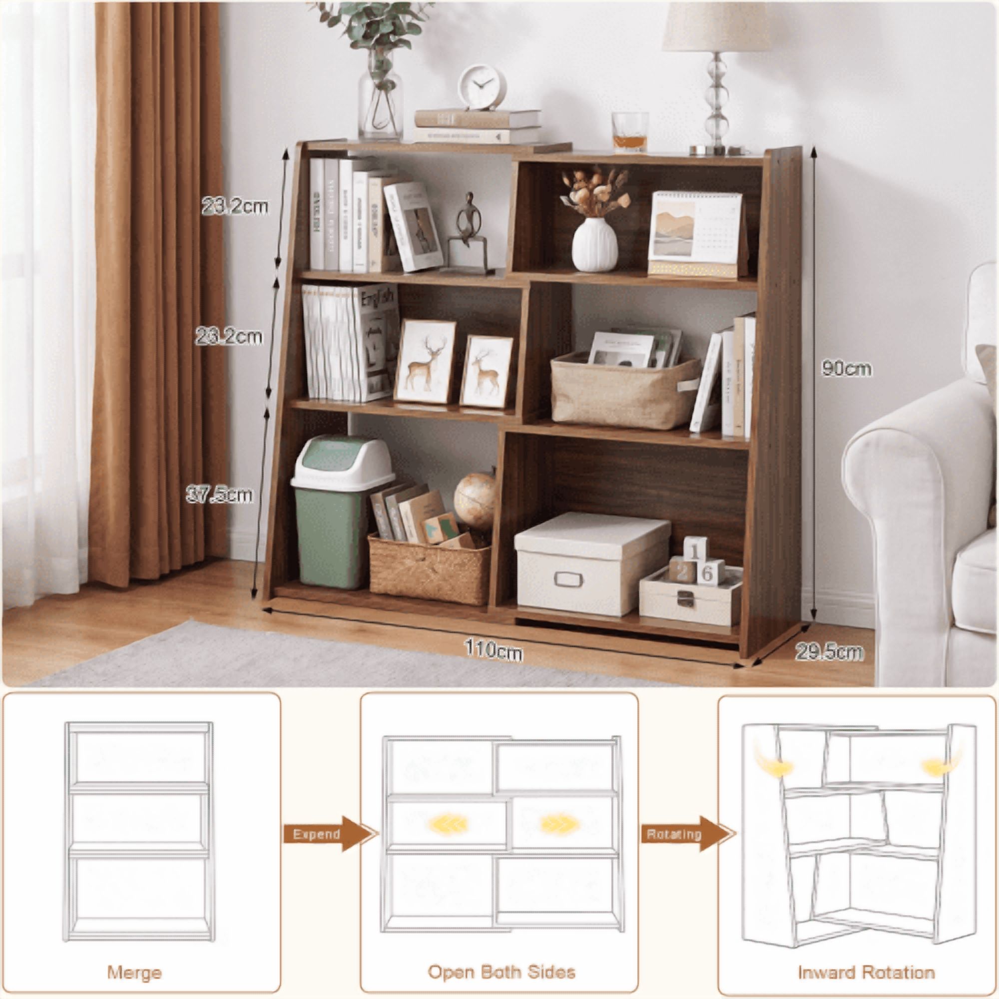 3-in-1 Convertible Extendable Ladder Bookshelf, 3-Tier Walnut Wood Bookcase with 6 Open Cubbies, Space-Saving Corner Shelf for Living Room, Study, Bedroom