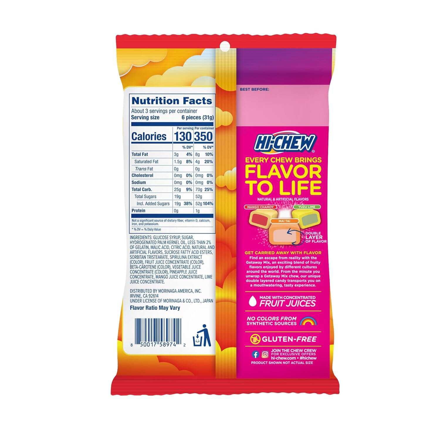 HI-CHEW Getaway Mix, Pack of 6 Bags, 3oz each - Mango Chamoy, Mai Tai, Yuzu Lime - Unique Fun Soft & Chewy Taffy Candy - Immensely Juicy Fruit Flavors - Individually Wrapped for Sharing