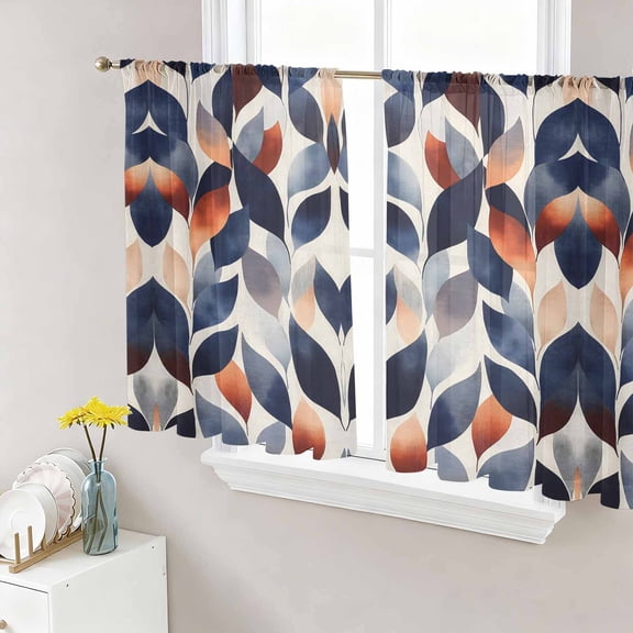 Navy Blue Burnt Orange Semi Sheer Curtains 45 Inch Length 2 Panels Set, Botanical Abstract Palm Leaf Sheer Kitchen Curtain Privacy Voile Window Curtain for Living Room Bedroom Rod Pocket Drapes