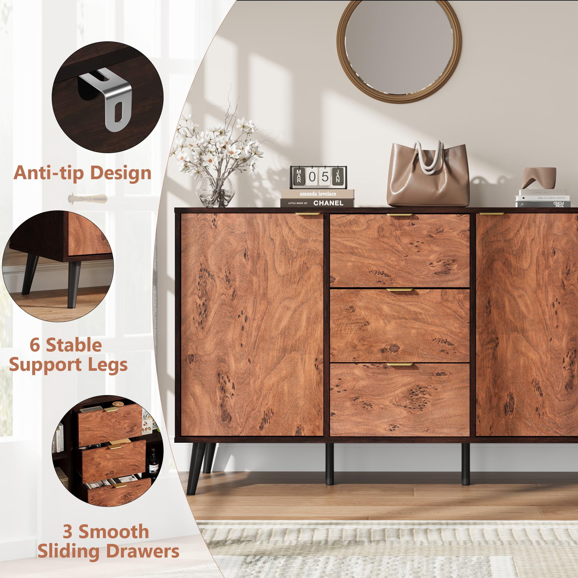 Luku 51" Mid-Century Modern Sideboard Buffet Cabinet, Large Credenza Storage with 3 Drawers, Doors & Shelves, Walnut Finish, Robot Vacuum Friendly, Anti-Tip Safety