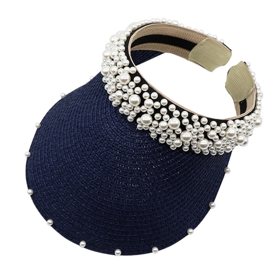 Yuanlong Women's Visor Pearl Decoration Wide Brim Straw Hat Solid Color Breathable Elegant Sun Hat