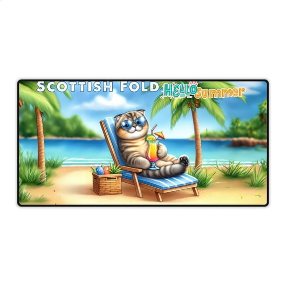 Scottish Fold Hello Summer Beach Theme with Sunglasses and Tropical Cocktail Desk Mat Full Keyboard Mouse Pad Cat Lover Kitten Owner Gifts Large Mousepad - 00009