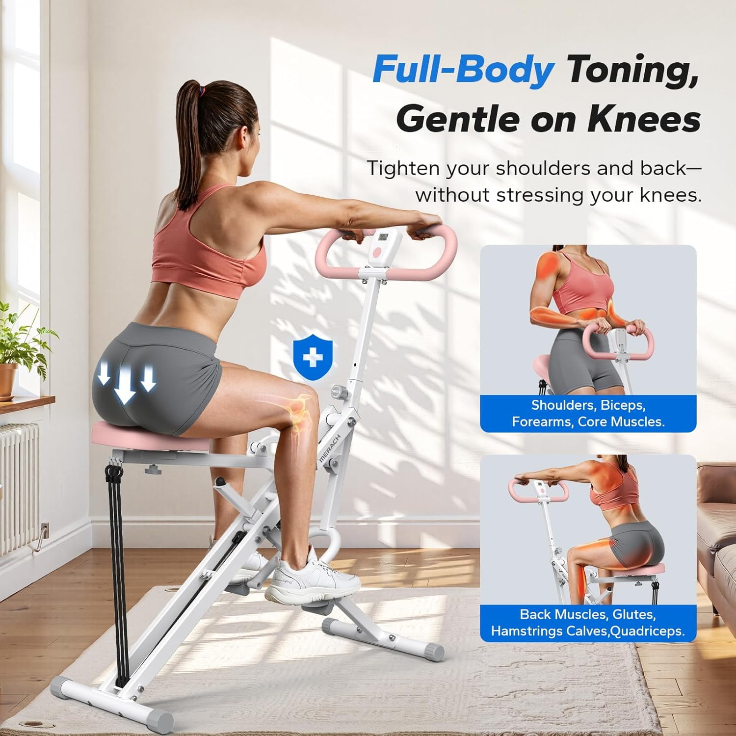 2 in 1 Squat Rowing Machine, Foldable Full Body Workout Equipment with LCD Display & Resistance Bands
