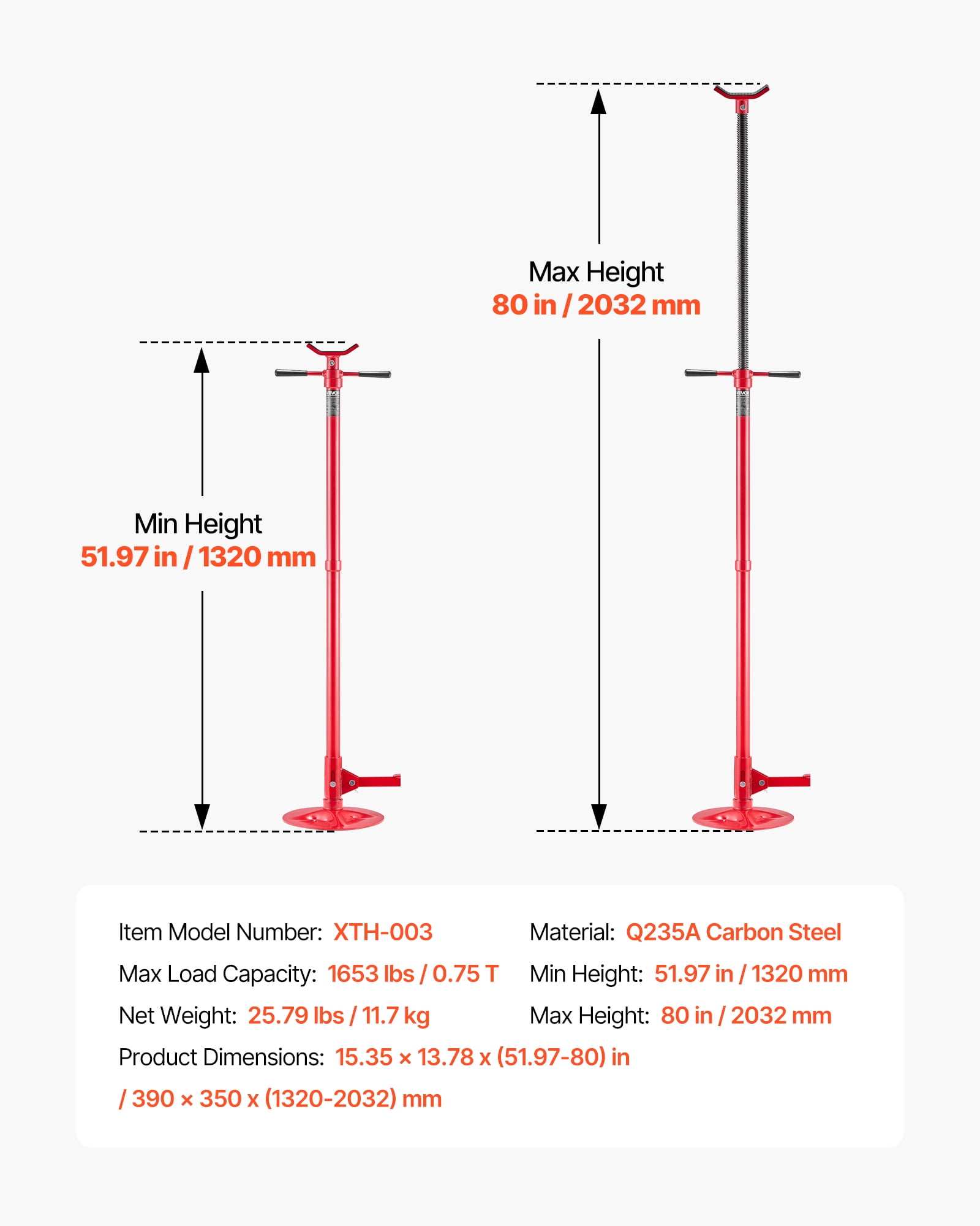 VEVOR Underhoist Support Stand, 3/4 Ton (1653 lbs) Capacity Under Hoist Jack Stand, Lifting from 51.97" to 80", Bearing Mounted Spin Handle, Foot Pedal, 12" Diameter Base, Support Vehicle Components