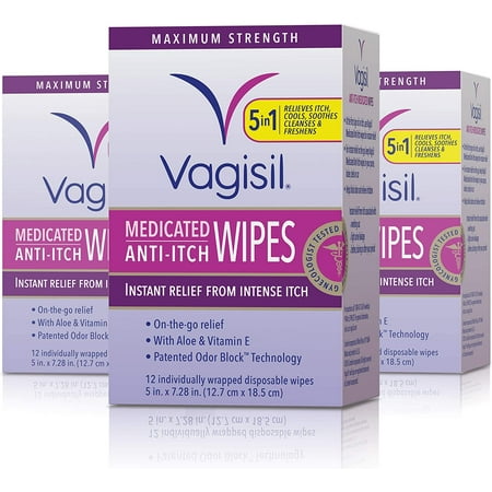 Vagisil Anti-Itch Medicated Wipes, Maximum Strength For Instant Relief, 12 Count, 3 Pack