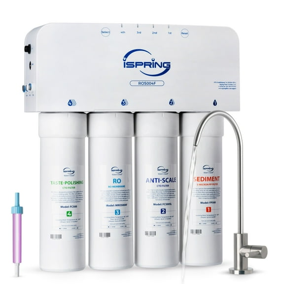 iSpring RO5004F Reverse Osmosis Water Filter with UV, 500 GPD RO System Under Sink, 2:1 Pure to Drain, Tankless RO Water Filtration System with Boost Pump, Filter Life Monitor, Reduces PFAS, TDS