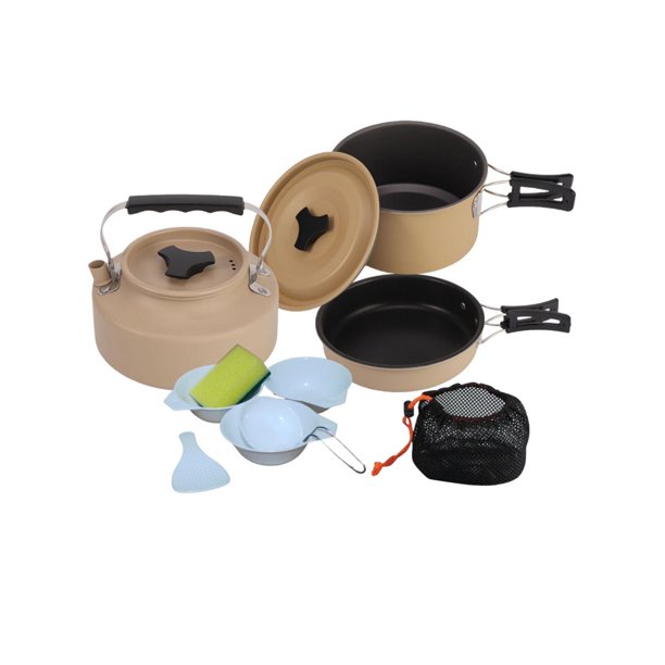 Juego de utensilios de cocina para acampar, sartén con mango plegable y bolsa de transporte para 3 o 4 personas, tetera, olla para cocinar para