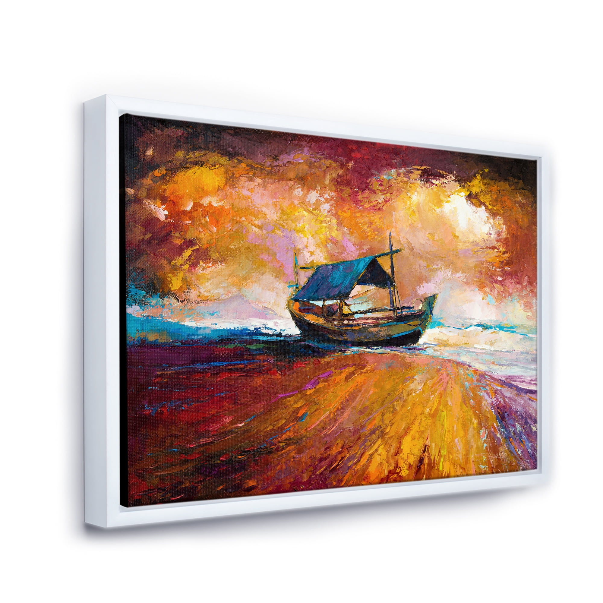 Designart 'Traditional Fisherboat During Ocean Evening Glow' Nautical & Coastal Framed Canvas Wall Art Print