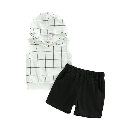 

Mieeyali Toddler Baby Boy Summer Clothes Set Plaid Print Drawstring Hood Vest + Solid Color Shorts