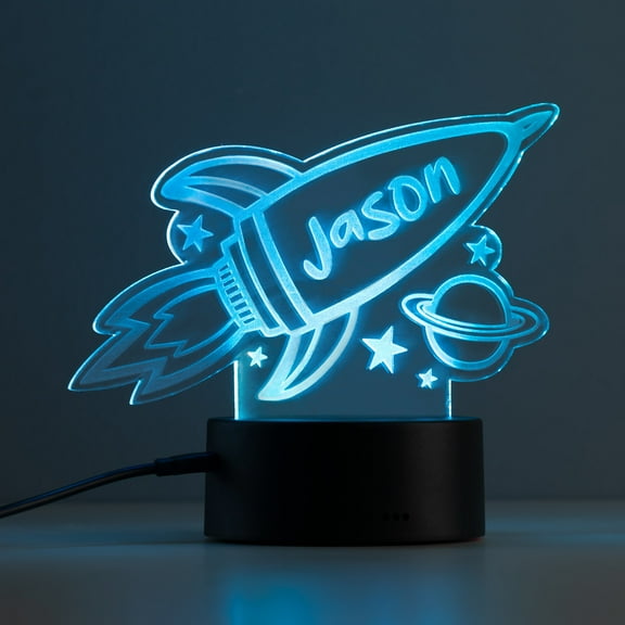 Personalized Planet Spaceship and Space Themed Multicolor LED Night Light with Custom Name Laser Engraved on Acrylic Design Insert