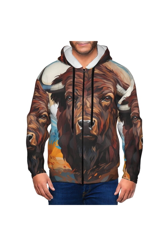 Oil Painting Style Iceberg Yak Print Men Hoodies Casual Hoodies for Men with Zip Pockets Full Zip Long Sleeve Sweatshirt Sports Hooded Jacket-X-Large