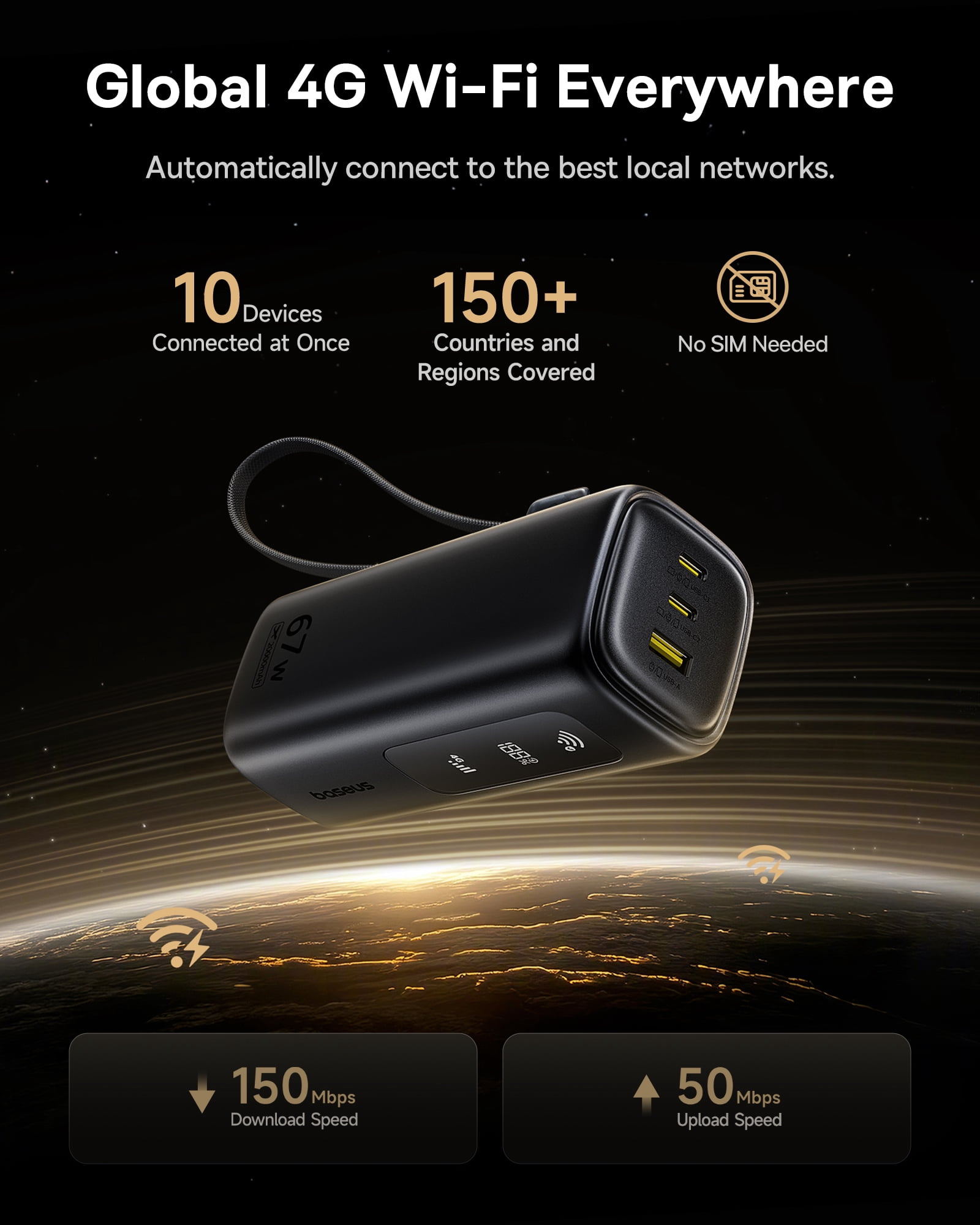 Baseus 4G LTE Mobile Hotspot & 20000mAh 67W Power Bank 2-in-1, Portable WiFi for Travel in 150+ Countries, No SIM Card, No Contract, 10 Devices, Worldwide Hotspot Router