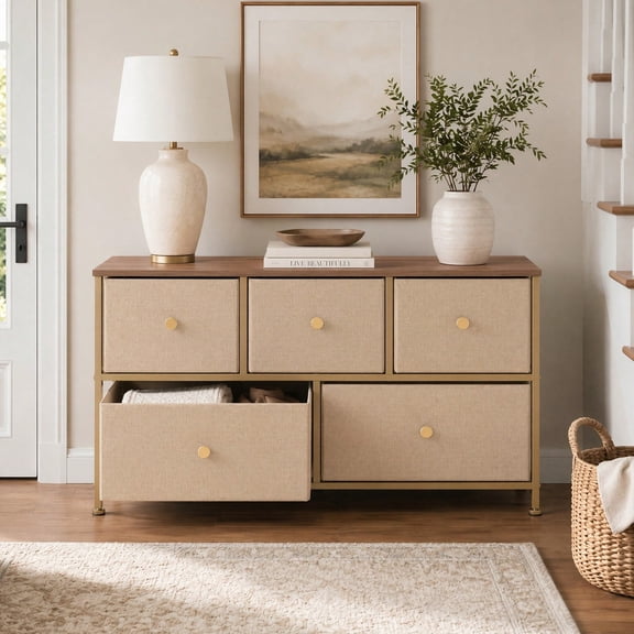 Wide Dresser For Bedroom, 5 Drawer Chest Of Drawers With Roomy Fabric Drawers, Wide Storage Design, Sturdy Steel Frame And Smooth Wood Tabletop, Storage Furniture For Bedroom And Closet