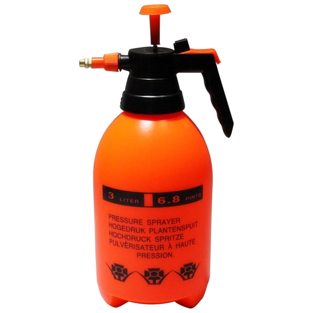 Pulverizador a presión de 3L en color naranja, ideal para riego, desinfección y limpieza en jardines, oficinas y exteriores.