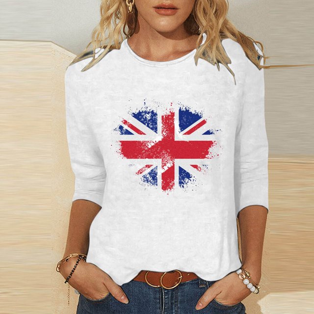 Fiudx Ofertas Flash Del Día Solo En Línea Blusas de Manga 3/4 para Mujer, Camisa con Estampado Vintage, Informal, Manga 3/4, Cuello Redondo, Blusa Estilo Túnica Boho