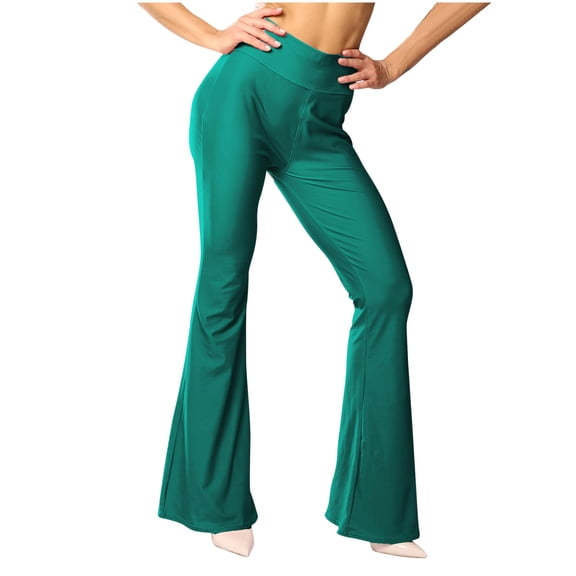 CQONEPT Flared Pants for Womens Casual Loose Fit Bell Bottom Trendy Solid Color High Waistedv Workouts Trousers Green S