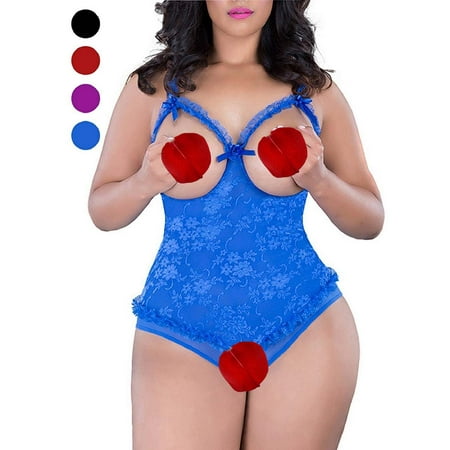 Reactionnx Women Open Cup Lingerie - Sexy Lace One-Piece Teddy Bodysuit Nightie Plus Size