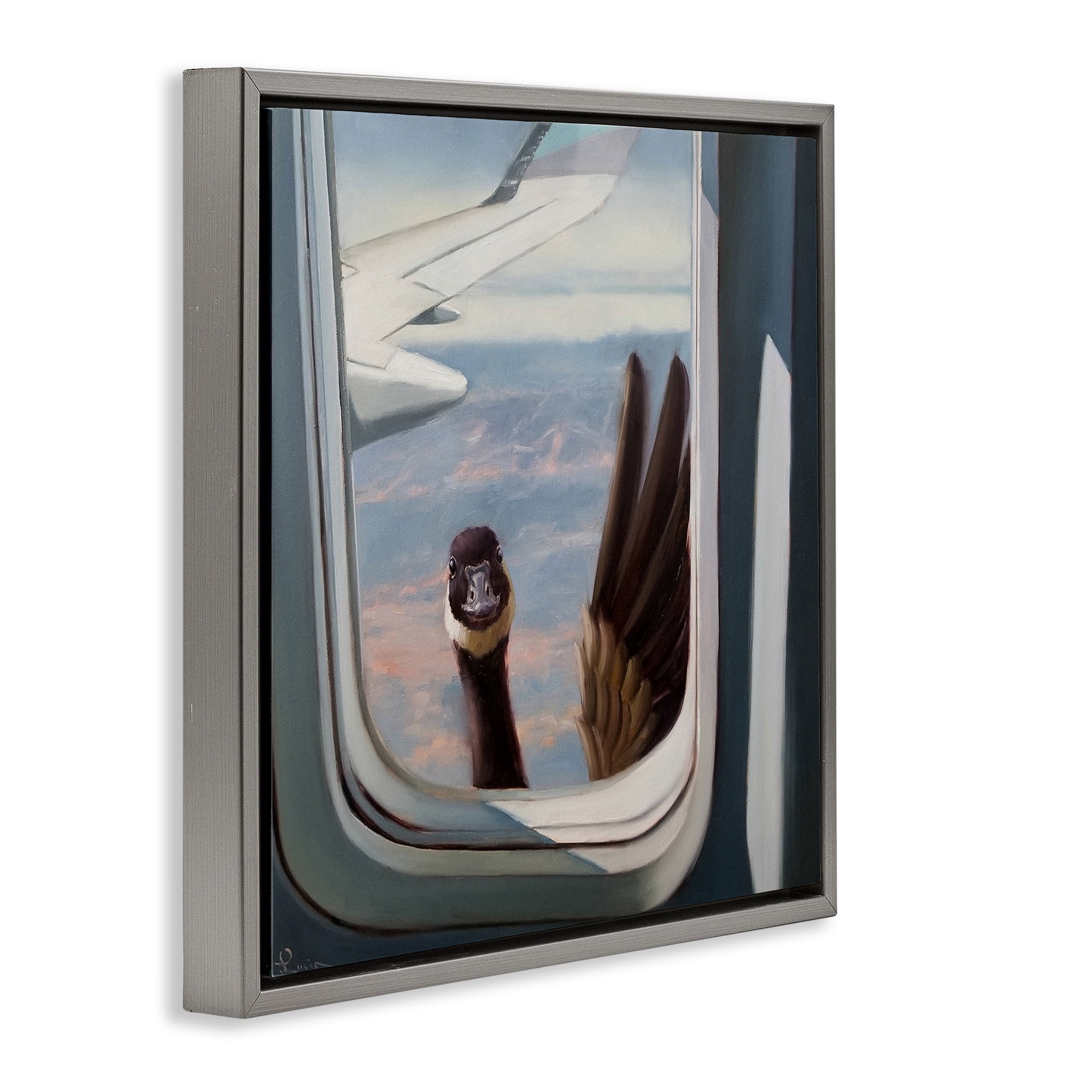 Stupell Industries Goose in Airplane Window Scene Animals & Insects Painting Gray Floater Framed Canvas Art Print Wall Art, 18 x 18