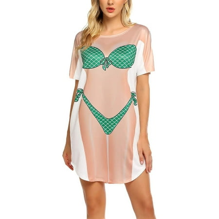 

Polinkety Summer Casual Beach Dresses for Women 3D Bikini Print Round Neck Short Sleeve Relax-Fit One Piece