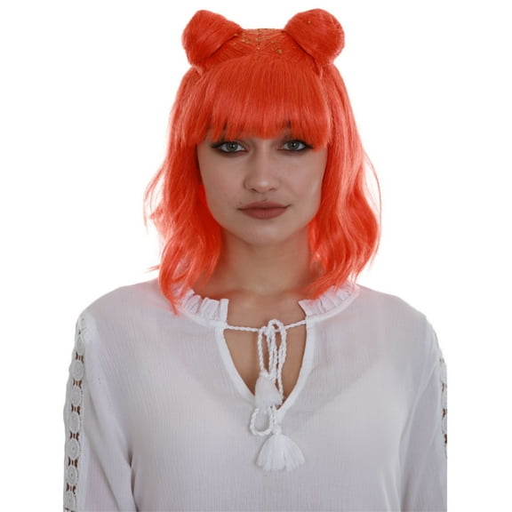 HPO Adult Women's Orange Space Buns Wig – Double Bun Style with Breathable Cap for Cosplay & Halloween