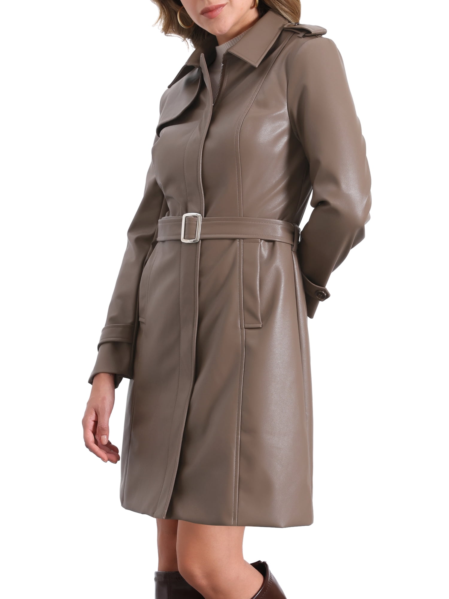 INSPIRE CHIC Faux Leather Long Jacket for Women's Lapel Slim Fit Long Sleeve Zip Coats XS Brown Grey