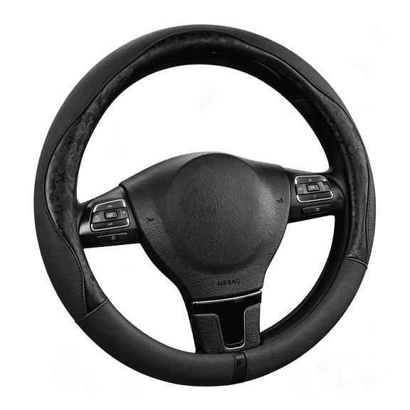 LADYGYM Steering Wheel Cover,Black Patterned Leather Patchwork Design,Universal Fit 14.5"-15.5",Anti-Slip,Odor-Free,Soft Pu Grain Leather,Durable Grip Car Accessory for Girls&Women