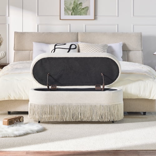 Oval Tapizado Almacenamiento Otomano con Fringe Trim & Lift-Top Tapa - 39 "L x 16" W x 17" H