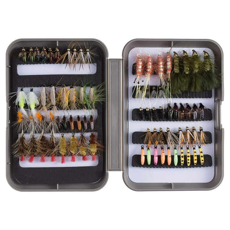 70pcs Premium Fly Fishing * Kit - 120 Assorted Trout and Bass * with  Waterproof Fly Box - Includes Dry, Wet, Nymphs, Worms, and Streamers - Pe
