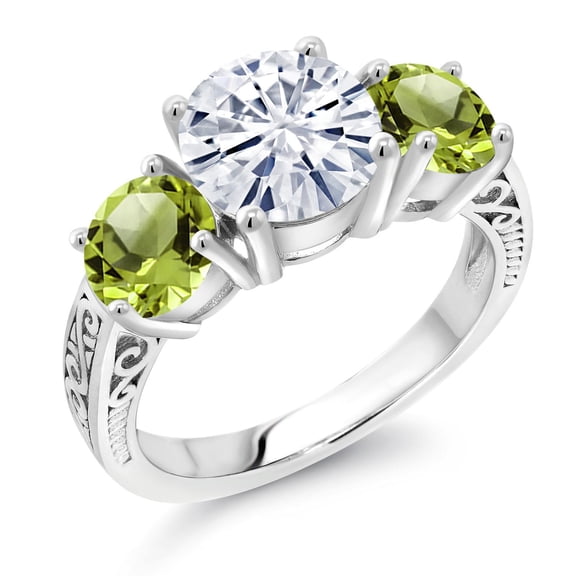 Gem Stone King 925 Sterling Silver White Moissanite and Green Peridot Engagement Ring for Women | 3.90 Cttw | Round 8MM | Gemstone Birthstone | Size 5