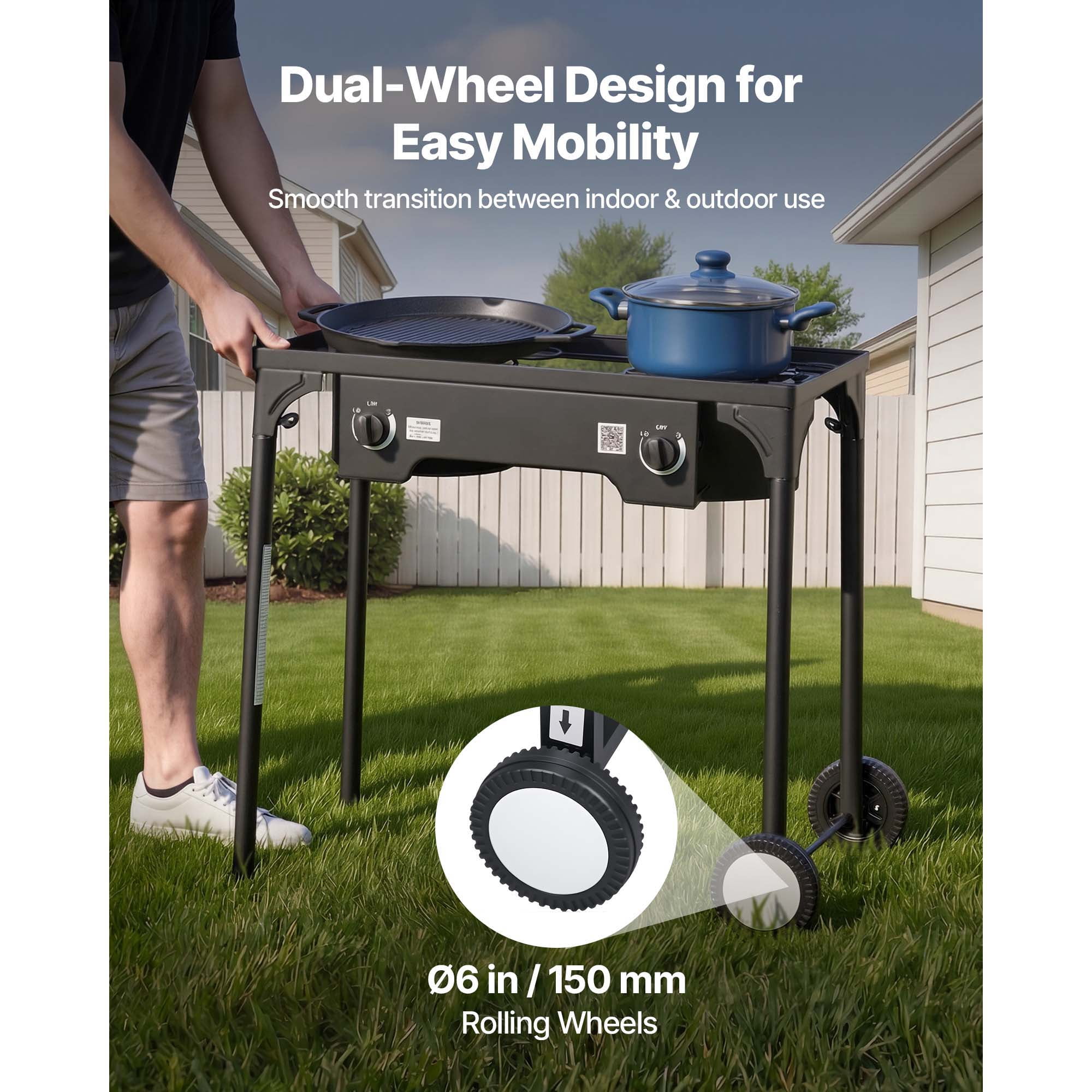 KFFKFF 2-Burner Outdoor Propane Gas Stove, 150,000 BTU LPG Camping Cooker, Durable Carbon Steel Design with Wheels, 20 PSI Regulator & Hose, Ideal for BBQs, Camping, and Backyard Use