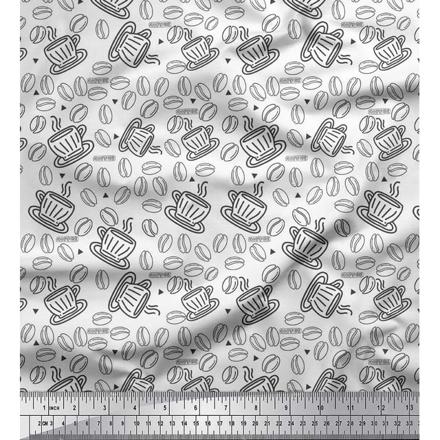 Soimoi White Rayon Crepe Fabric Coffee Food Decor Fabric Printed Yard 46 Inch Wide