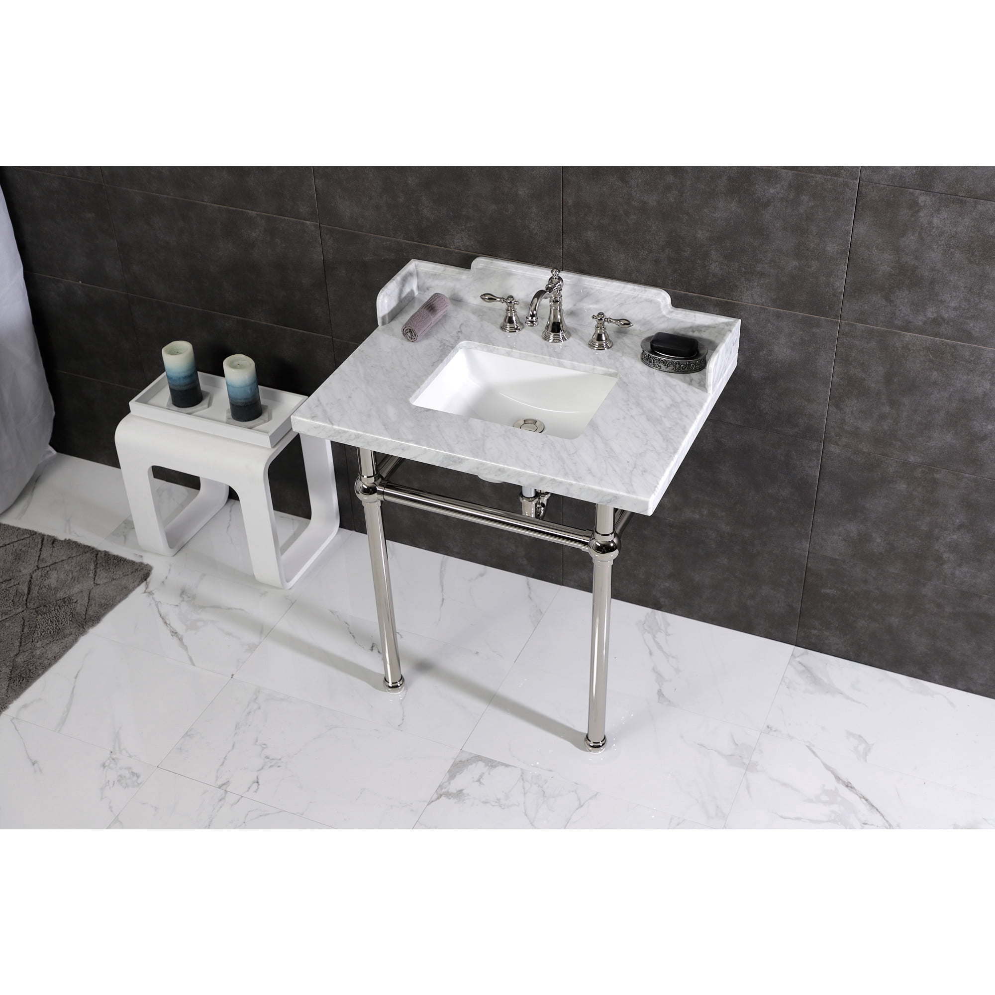 Kingston Brass LMS3030MBSQ6 Pemberton 30" Carrara Marble Console Sink with Brass Legs (8-Inch, 3-Hole), Carrara Marble White/Polished Nickel