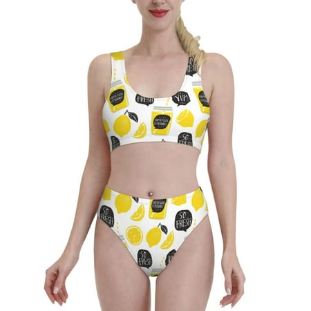 High Waisted Bikini Sets For Women  Cute Lemon Juice Two Piece Swimsuit Sporty Scoop Neck Bathing Suit