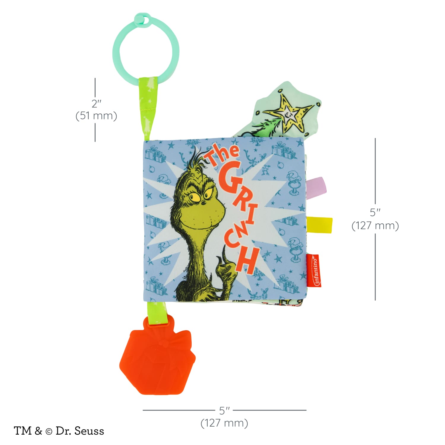 Infantino Lil’ Explorer Soft Book, The Grinch Holiday Sensory Toy for Babies with Crinkle, Squeaker & Clacker Rings