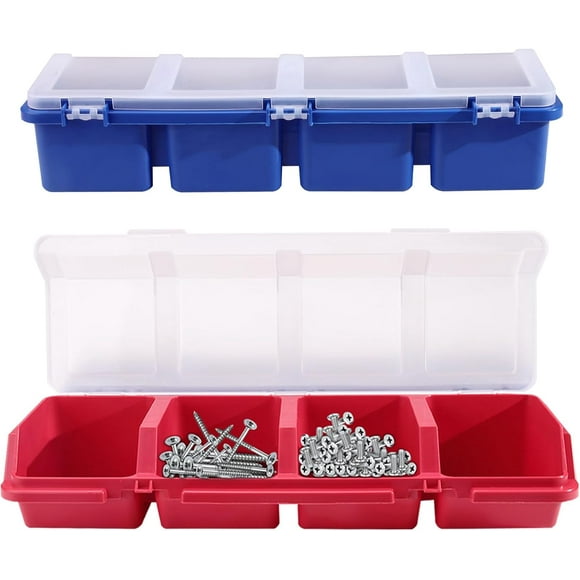 UTAH-2 Pack Plastic Screw Organizer Box, 4 Compartments Bolt Bin with Lid, Stackable Hardware Storage Case for Garage Organization Parts Nail Workbench (Blue, Red) (2)