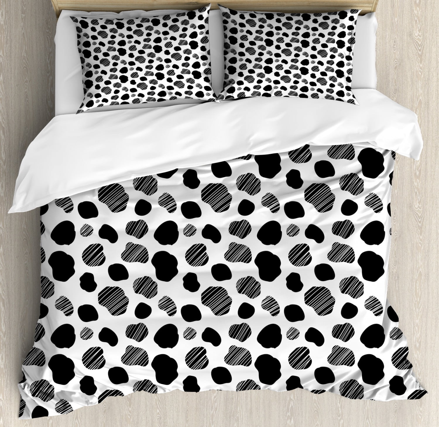 Cow Print King Size Duvet Cover Set, Black and White Striped Dots with