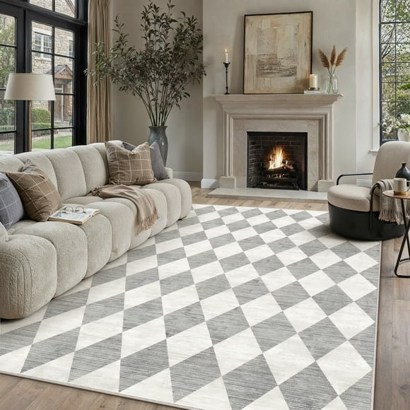 BERTHMEER 8'x10' Area Rugs for Living Room Dining Room Geometric Modern Rugs Washable Non Slip Bedroom Office Farmhouse Rhombus Checkered Contemporary Rugs Tapis Carpets,Gray