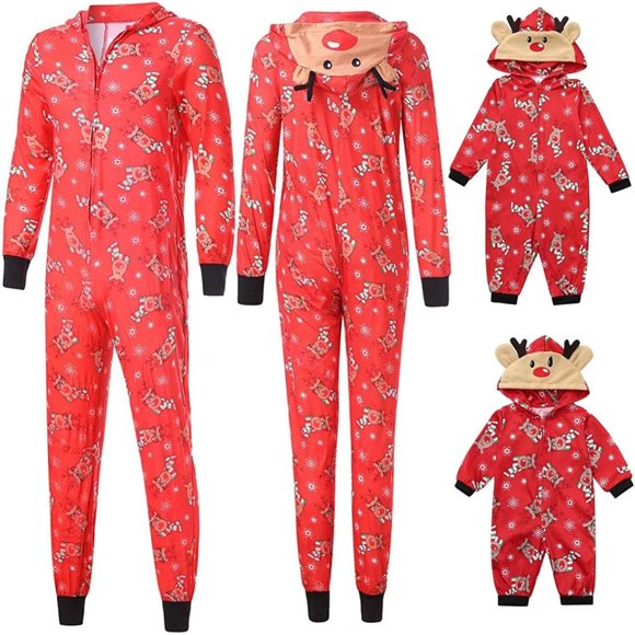 EIGTHTAIL Family Matching Christmas Pajamas Set Reindeer Onesies Hood Sleepwear for Adults Kids