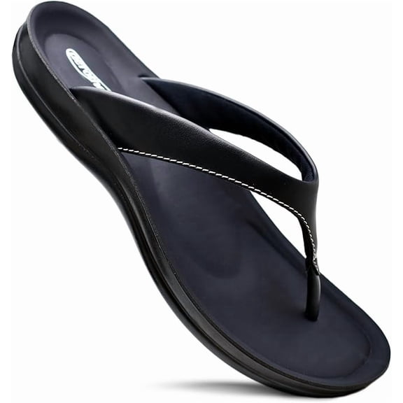 AEROTHOTIC Comfortable Arch Support Flat Sandals for Women Comfy Toe Post with Cute Soft Padded Straps Casual Fashion Vacation Essentials Dressy Shower Sandals (Amicia Black, Size 6)