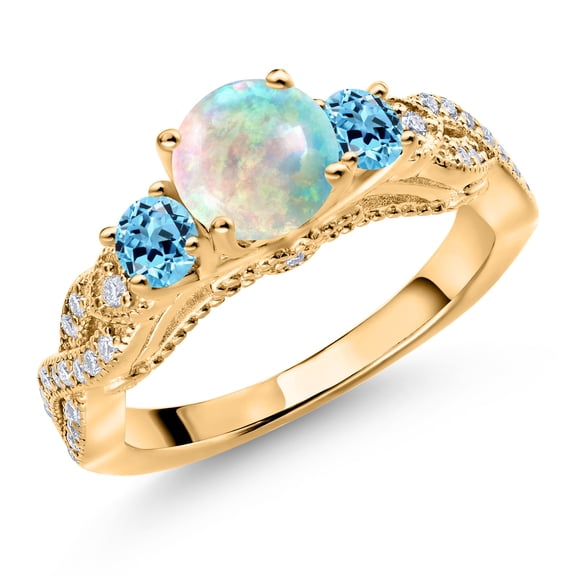 Gem Stone King 18K Yellow Gold Plated Silver White Simulated Opal Swiss Blue Topaz and White Moissanite Engagement Ring for Women (0.87 Ct, Gemstone October Birthstone, Round 6MM and 3MM, Size 7)