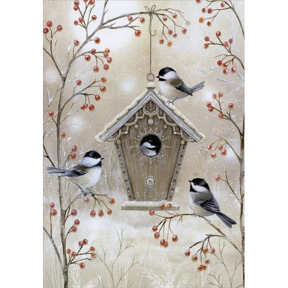 LPG Greetings Birdhouse and Chickadees: Sarah Summers Deluxe Glitter Christmas Card (1 card/1 envelope)