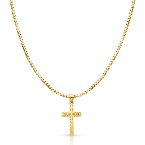 14K Yellow Solid Gold Cross Religious Charm Pendant with 1.2mm Box Chain Necklace - 20"