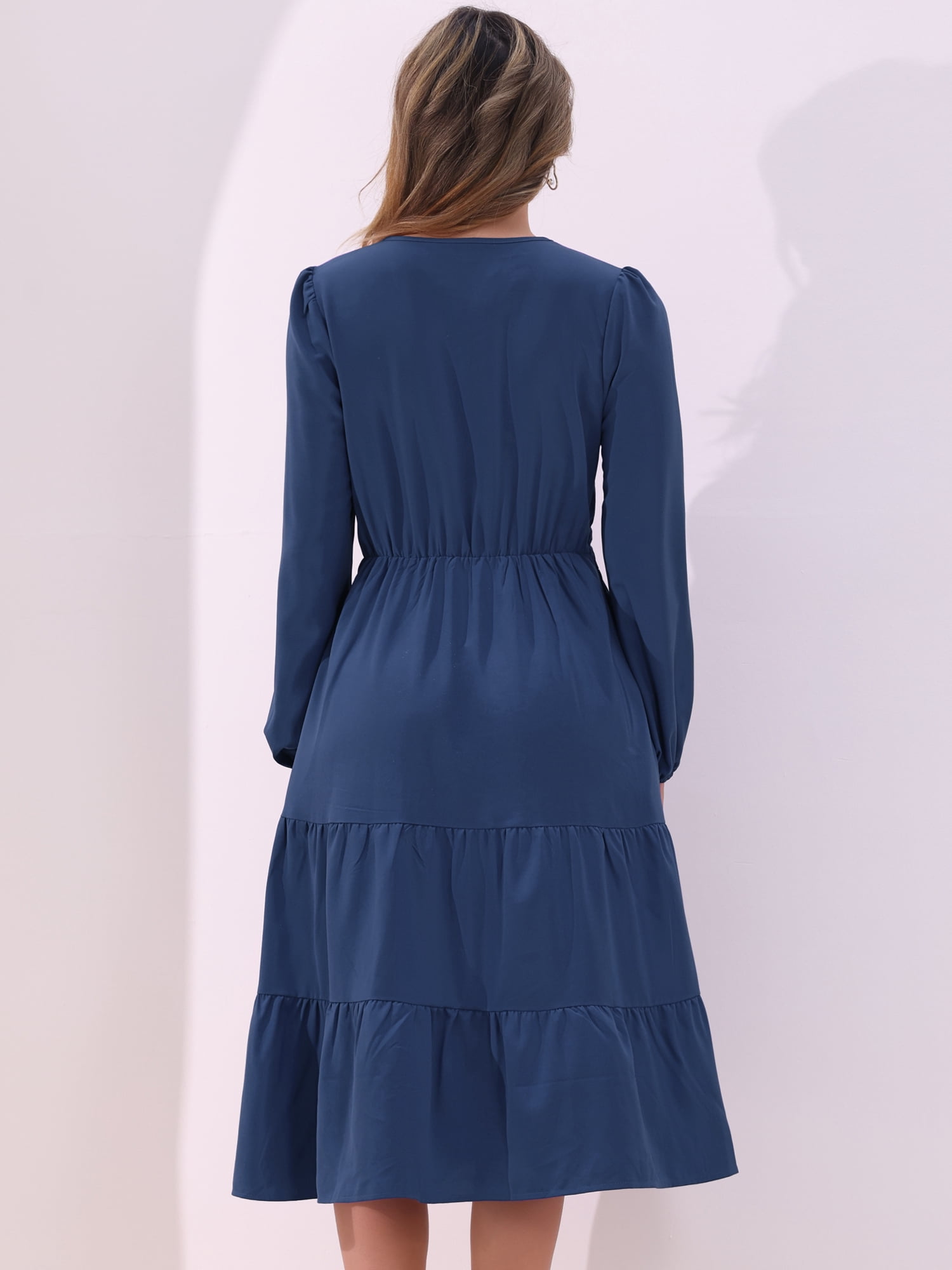 DARING DIVA V Neck Long Sleeve Ruffle Flowy Midi Dress L Dark Blue