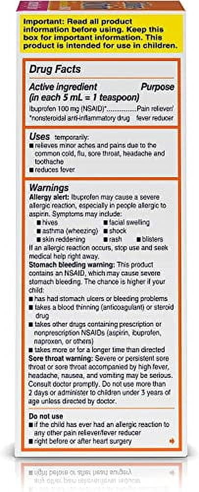 Children Motrin Dye-Free Pain & Fever Reducer, Original Berry, 4oz, 6-Pack