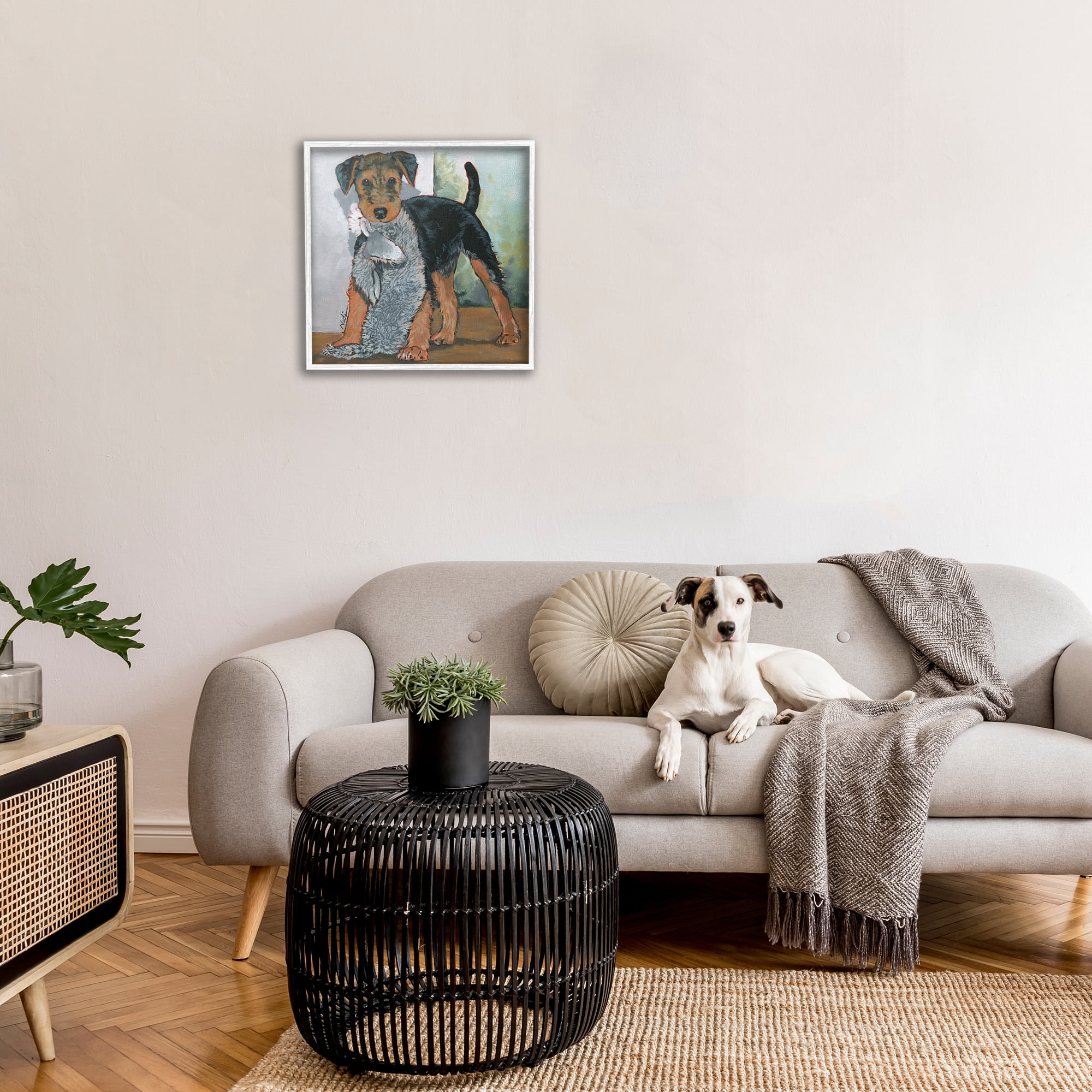 Stupell Industries Terrier Dog with Toy Animals & Insects Painting White Framed Art Print Wall Art, 24 x 24
