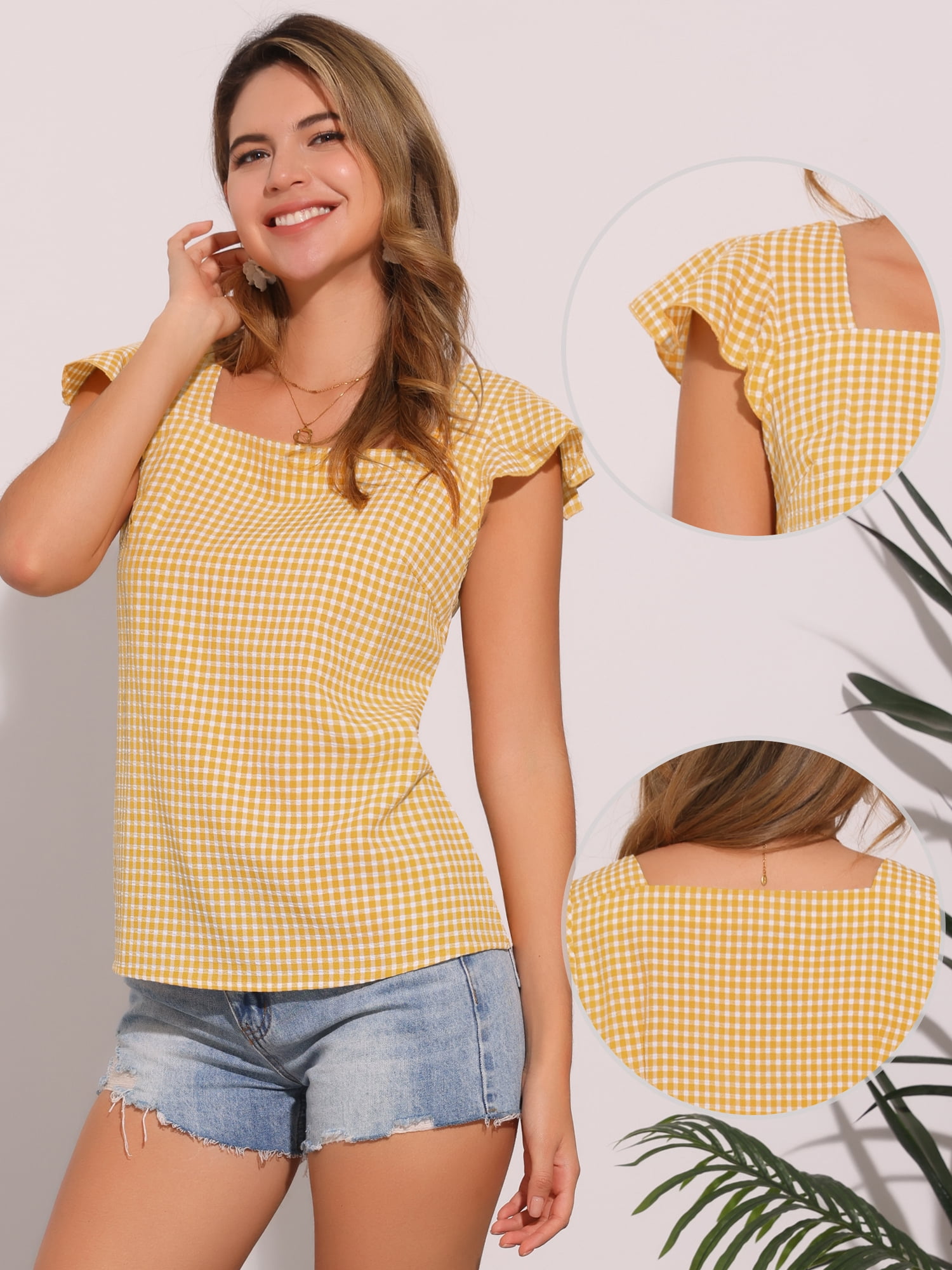 DARING DIVA Gingham Square Neck Ruffle Sleeve Blouse XL Light Yellow